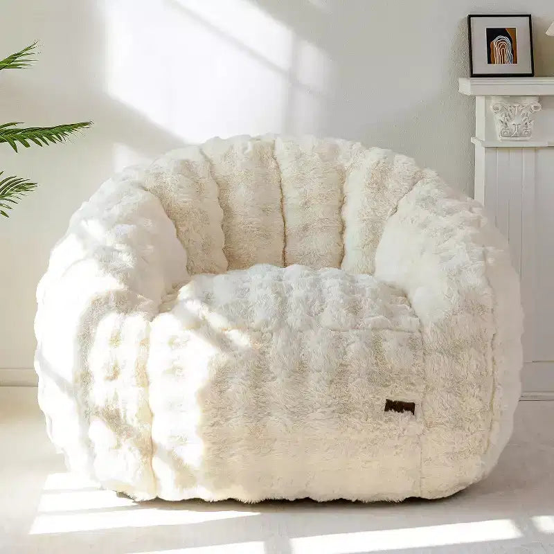Poltrona Sacco Gigante a Forma di Concha Divano Oversize in Ecopelliccia per Adulti Bambini con Imbottitura Beige