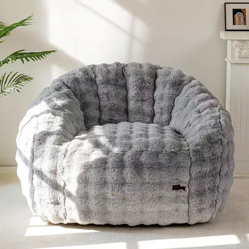 Poltrona Sacco Gigante a Forma di Concha Divano Oversize in Ecopelliccia per Adulti Bambini con Imbottitura Beige