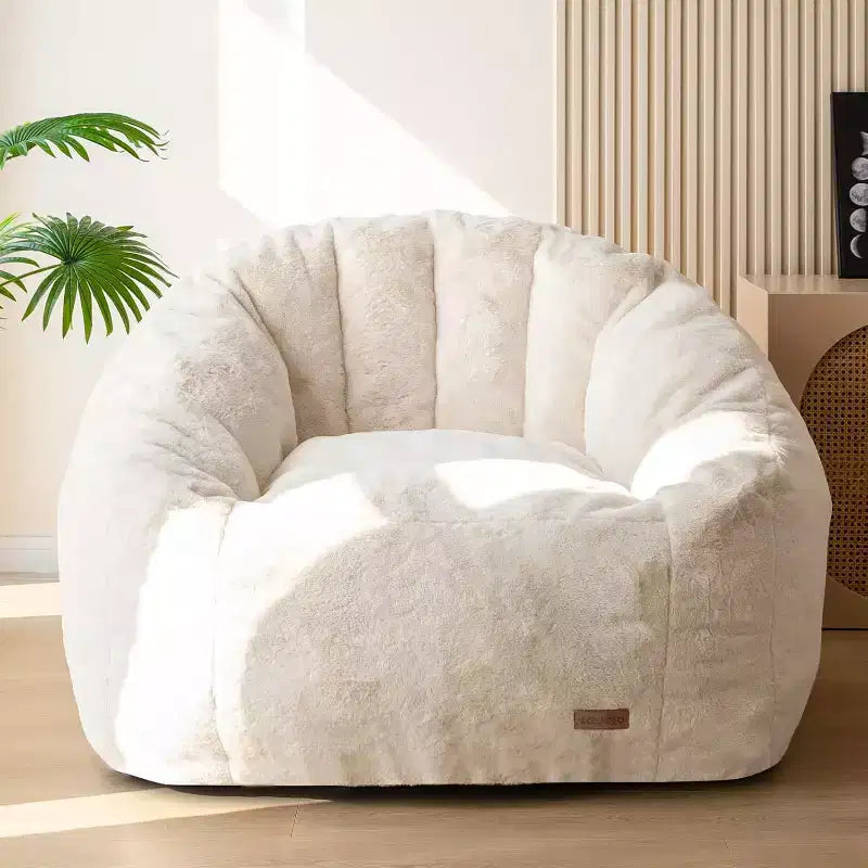 Poltrona Sacco Gigante a Forma di Concha Divano Oversize in Ecopelliccia per Adulti Bambini con Imbottitura Beige