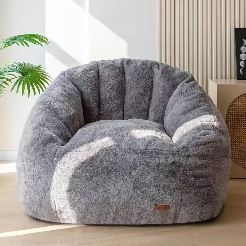 Poltrona Sacco Gigante a Forma di Concha Divano Oversize in Ecopelliccia per Adulti Bambini con Imbottitura Beige