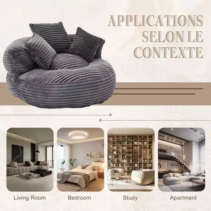 Divano sacco per adulti e bambini, poltrona sacco oversize in velluto a coste con 3 cuscini e braccioli per soggiorno, camera da letto - ModernLuxe