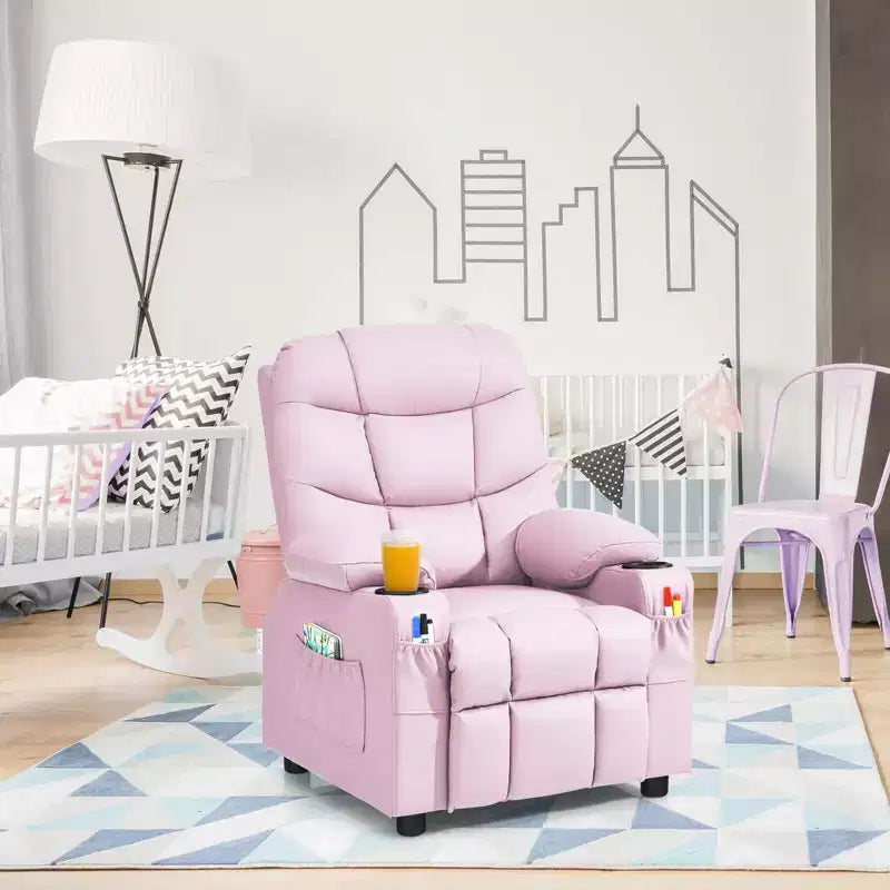 Poltrona reclinabile per bambini in pelle PU con portabicchieri e tasche laterali Blu\Nero\Marrone\Rosa\Grigio\Blu navy