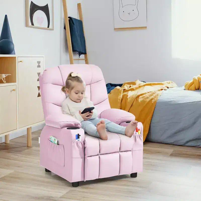 Poltrona reclinabile per bambini in pelle PU con portabicchieri e tasche laterali Blu\Nero\Marrone\Rosa\Grigio\Blu navy