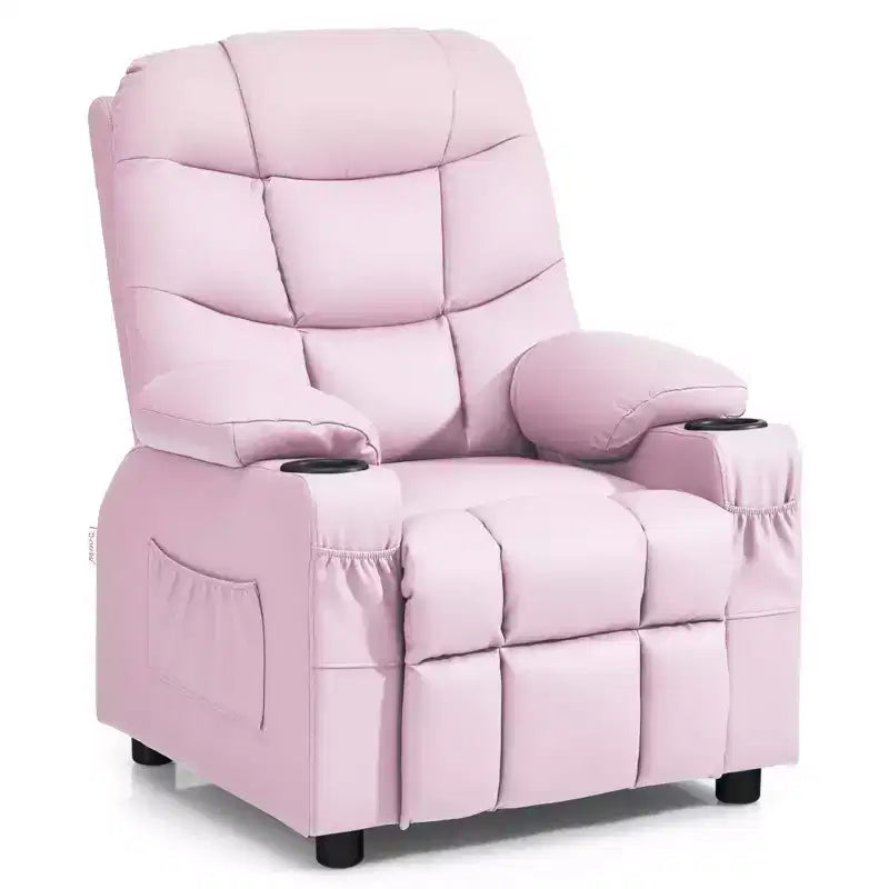 Poltrona reclinabile per bambini in pelle PU con portabicchieri e tasche laterali Blu\Nero\Marrone\Rosa\Grigio\Blu navy