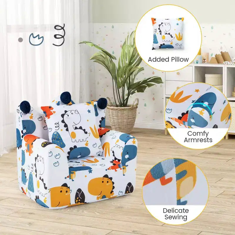 Divano per bambini con braccioli in schiuma e motivo dinosauro, con fodera e cuscino