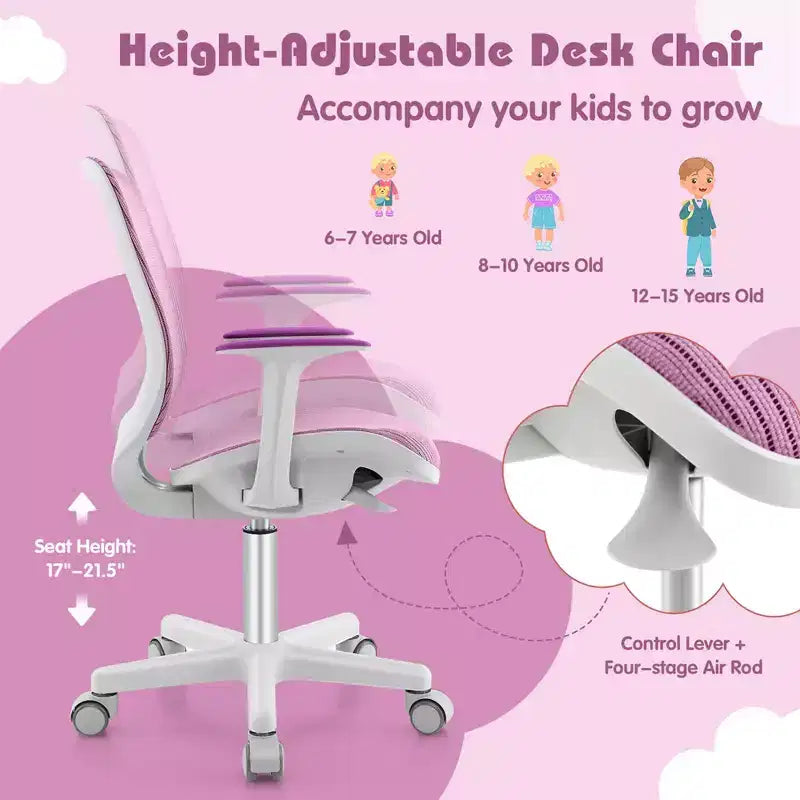 Sedia da scrivania girevole per bambini in rete, sedia da computer per bambini con altezza regolabile Blu/Rosa/Viola