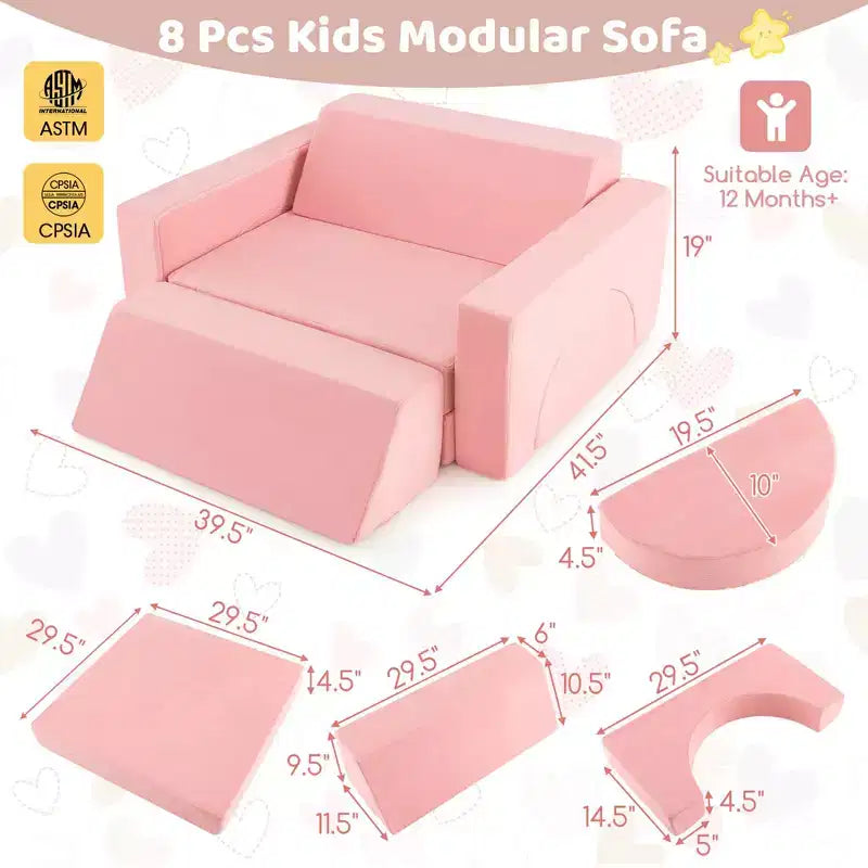 Divano per Bambini 8 PEZZI con Rivestimento Rimovibile per Sala Giochi e Camera da Letto Interni Rosa/Grigio