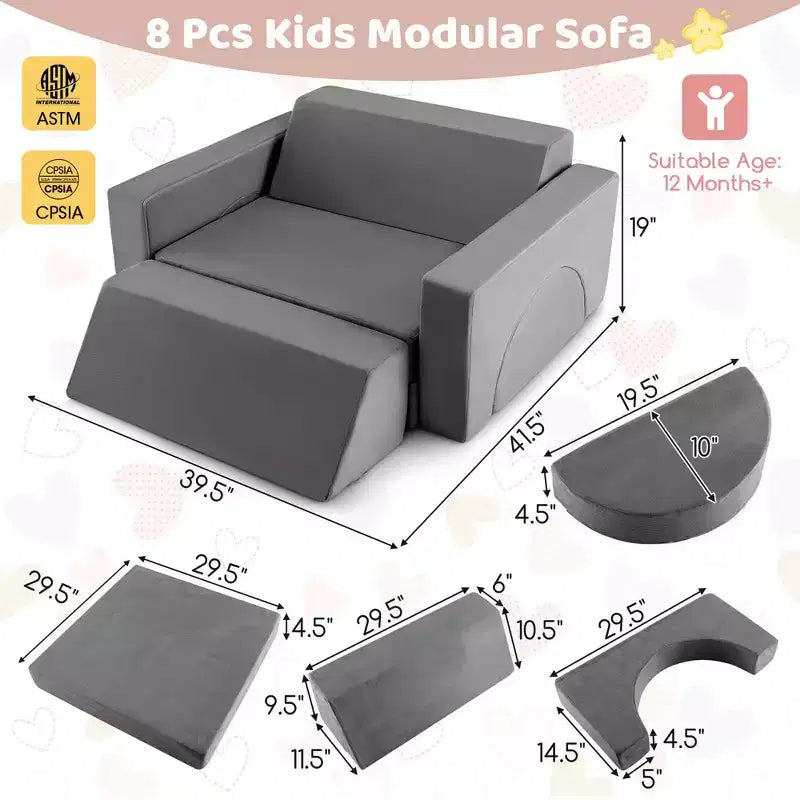 Divano per Bambini 8 PEZZI con Rivestimento Rimovibile per Sala Giochi e Camera da Letto Interni Rosa/Grigio