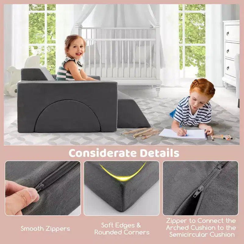 Divano per Bambini 8 PEZZI con Rivestimento Rimovibile per Sala Giochi e Camera da Letto Interni Rosa/Grigio
