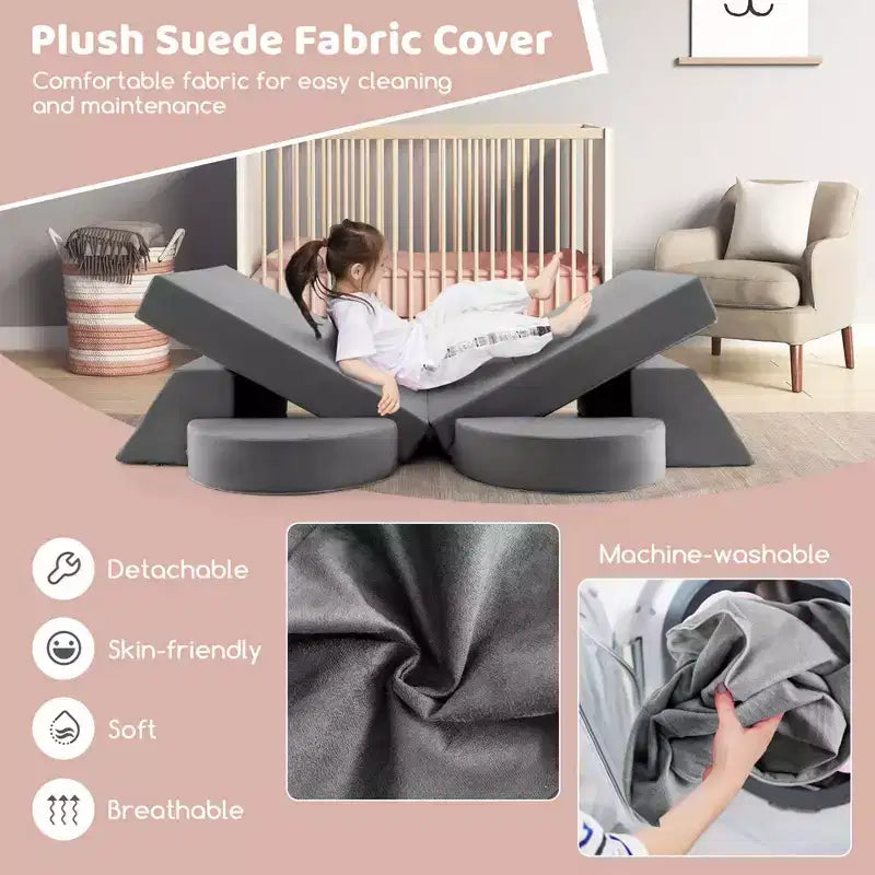 Divano per Bambini 8 PEZZI con Rivestimento Rimovibile per Sala Giochi e Camera da Letto Interni Rosa/Grigio